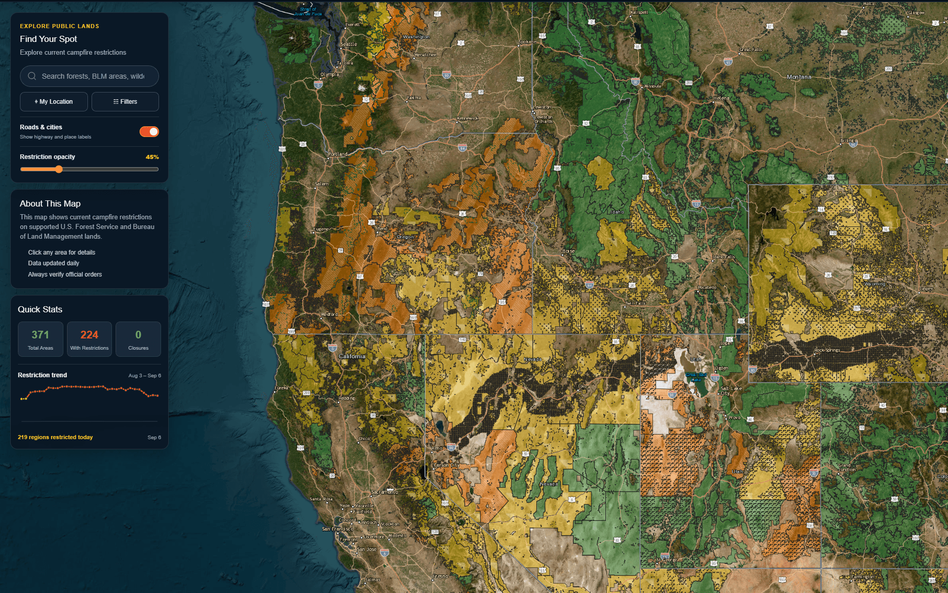 Campfire Map showing current fire restrictions across Western U.S. public lands